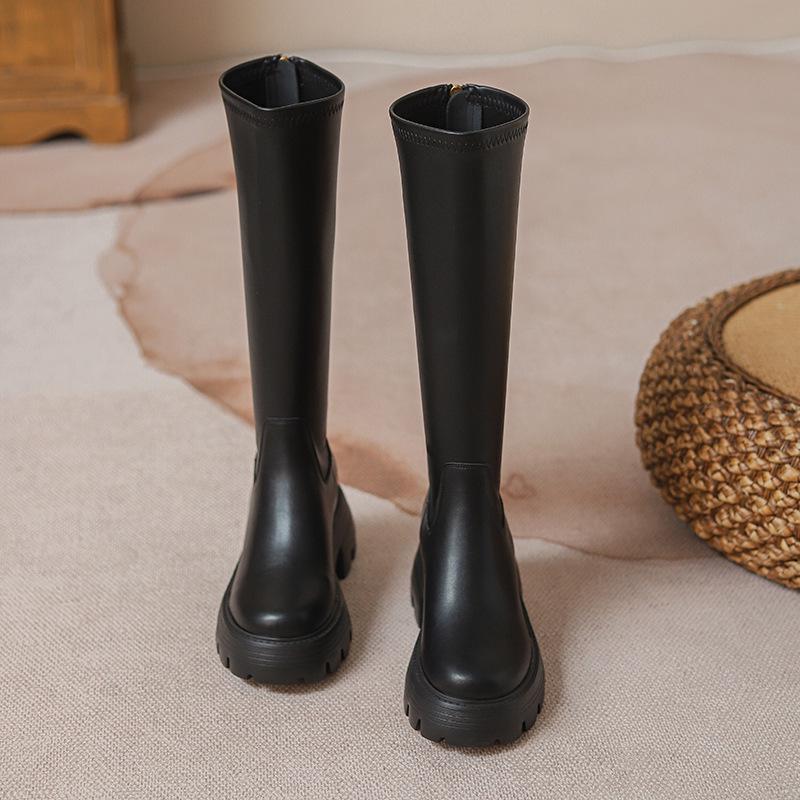 Women's Chunky Heel Long Boots with Hidden Height Increase and Round Toe - Brown, 2024 Style