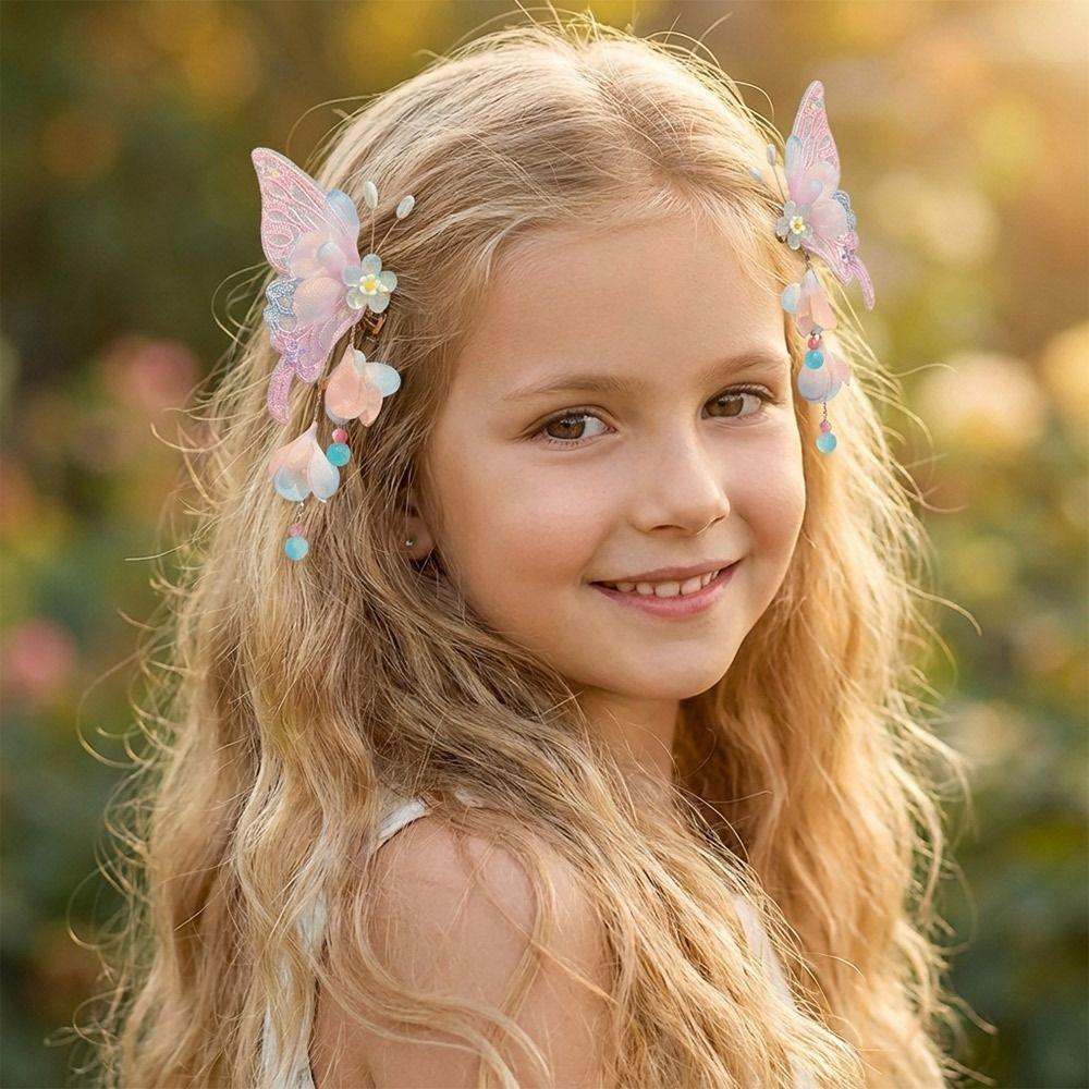 2pcs/set Extra Large Butterfly Hairpin Flower Shake Tassels Floral Hair Clips Silk Hanfu Headdress Hair Accessories
