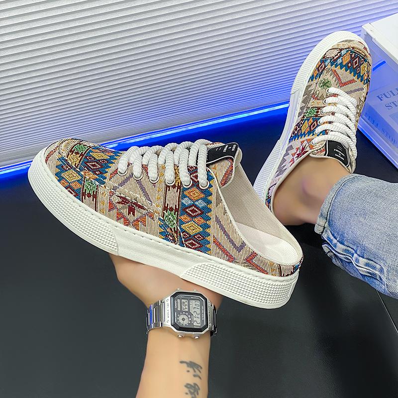 Men Half-slippers Summer New Sneakers Casual Mens Designer Ethnic Style Board Shoes Fabric Breathable Increased Internal