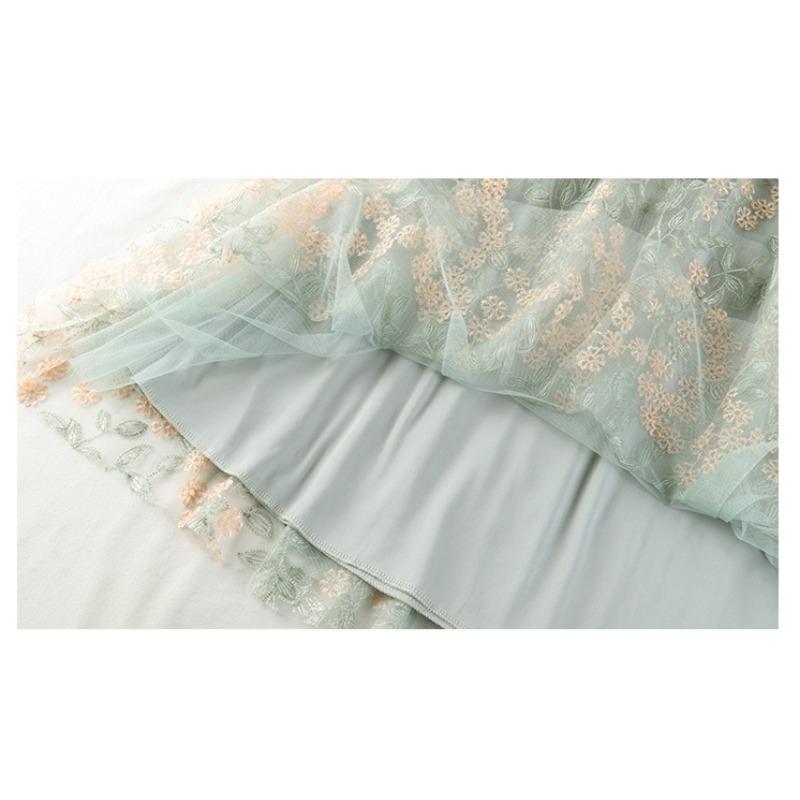 Summer Women Elegant High Waist Mesh Embroidery Flower Tulle Midi Skirt