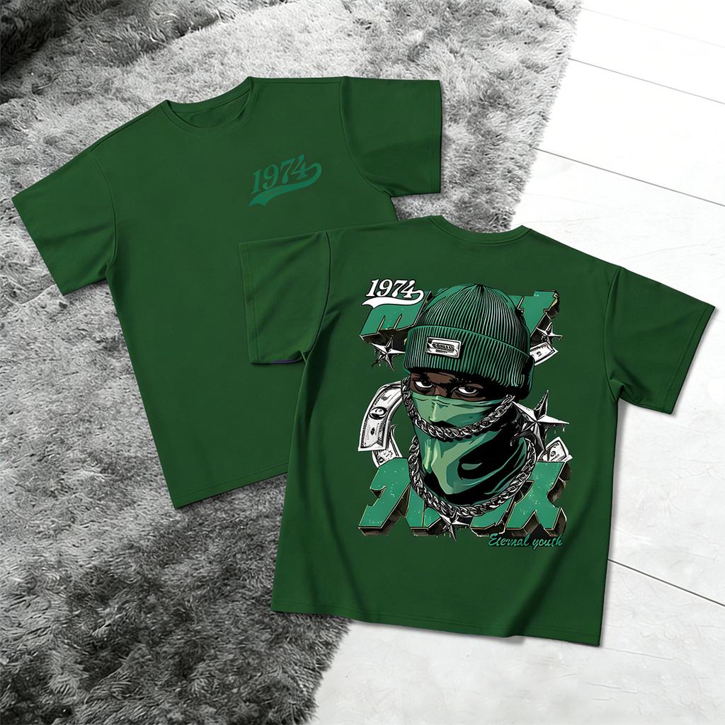 Street Hip-Hop Style Short-Sleeve T-Shirt with Money, Stars, and Masked Man Print – Trendy Couple T-Shirt