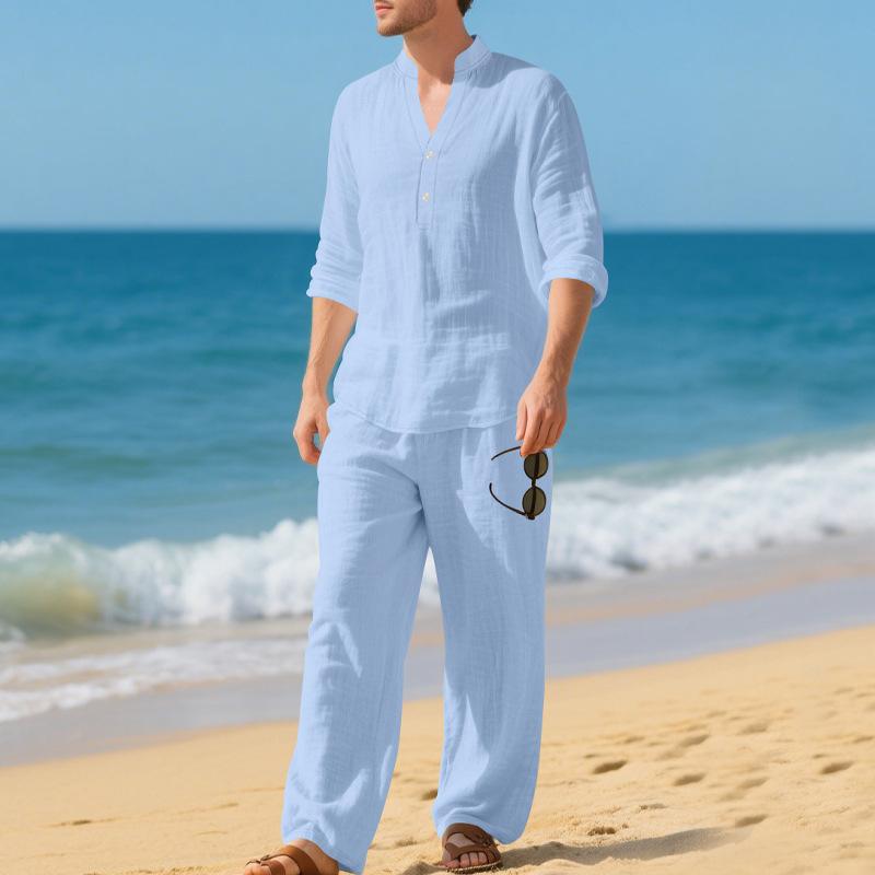 Men Loose Casual Breathable V Neck Long Sleeve Henley Shirt And Long Pants Set