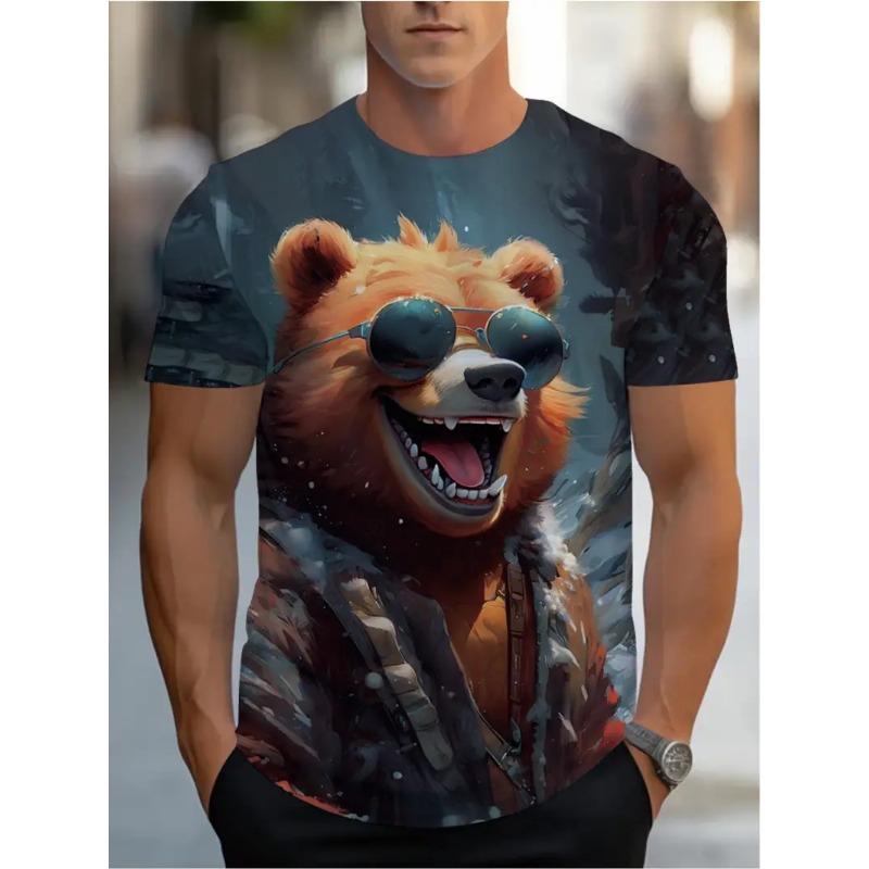 Men's 3D Printed Round Neck Casual T-shirt for Summer Wear Lightweight Breathable Trendy Versatile No Pressure Bear Pattern T-shirt