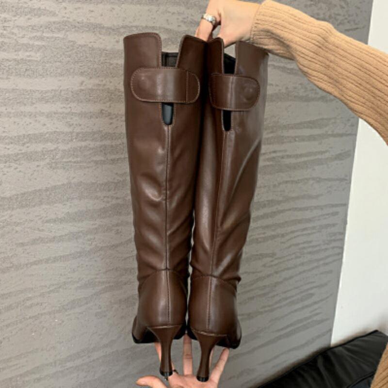New Women's Leather Boots Temperament High-heeled Women's Boots Simple High Boots Commuting Versatile Square Head Leather High Boots