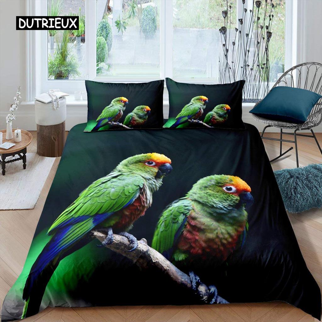 Parrot Duvet Cover Set Black White Stripe Bedding Set Green Plant Palm Leaves Quilt Cover Bird Animal Polyester Comforter Cover