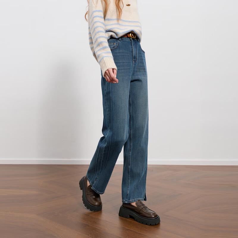 

Sancai 2025 Winter High-Waist Fleece-Lined Straight Ankle Jeans M