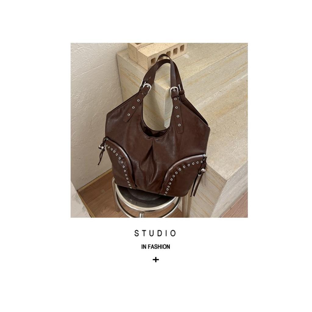 Tote Bag Women PU Single Shoulder Studded Large Capacity Multi Pocket Adjustable Strap Daily