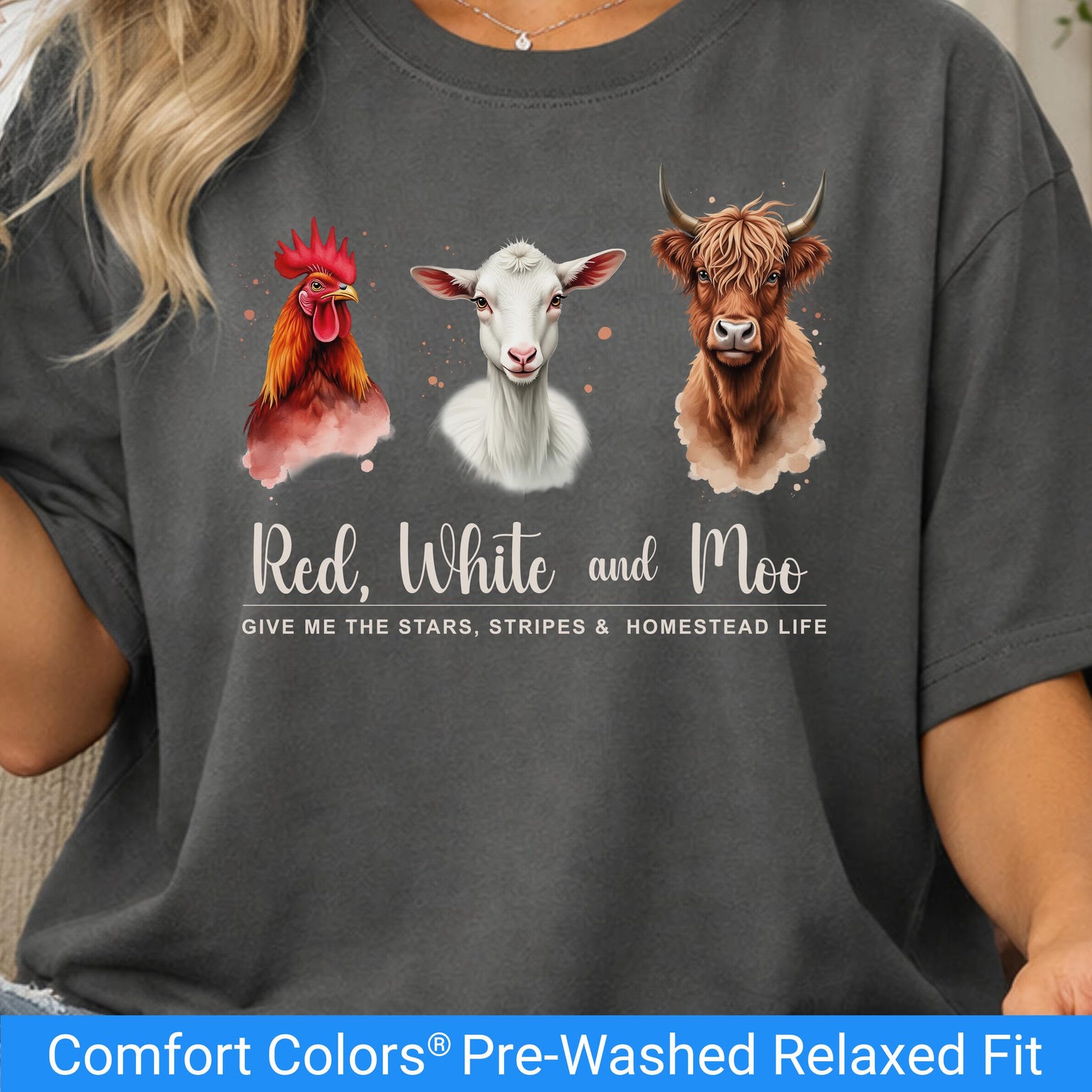 Comfort Colors 4th Of July Homestead Shirt, Highland Cow Goat Rooster Patriotic Tee, Red White & Moo, Funny Farm Animal Independence Day Tee 2XL