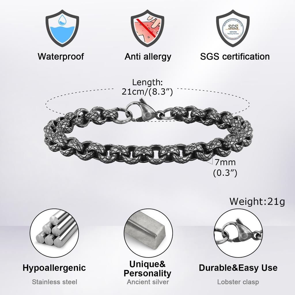 Vnox Punk Drachenschuppen Rolo Kette Armbänder Für Männer Jugendliche Jungen, Schlangenstrukturierte Edelstahl Glieder Armband Schmuck Geschenk