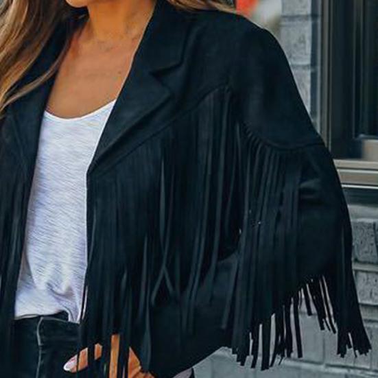Women's Casual Tassel Jacket Long Sleeve Lapel Fringed Cropped Coat Faux Suede Motorcycle Outwear for Spring Autumn