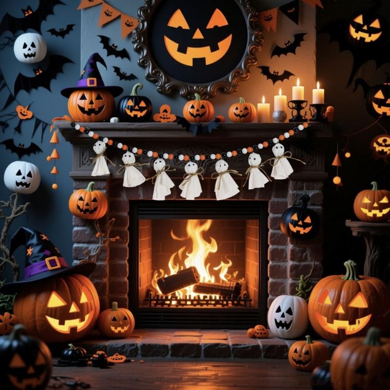 Handmade Halloween Wooden Specter Decoration With Natural Rope Beads For Indoor Wall Decoration Party Supplies