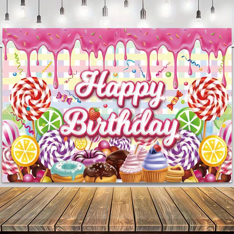 2D Flat Sweet Dessert Birthday Banner Candy Land Themed Backdrop with Colorful Candies & Treats