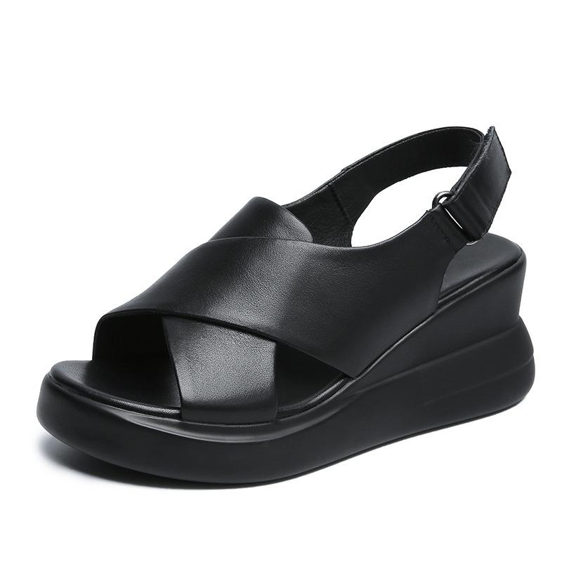 Soft leather wedge sandals female 2025 summer new high-heeled open-toed fairy style versatile platform muffin cross sandals