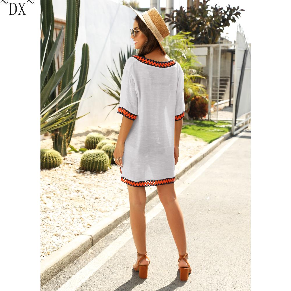 DX~Women's Sexy Hollow Out V-neck Short Sleeved Contrasting Hand Hook Patchwork Loose Beach Sun Protection Cover