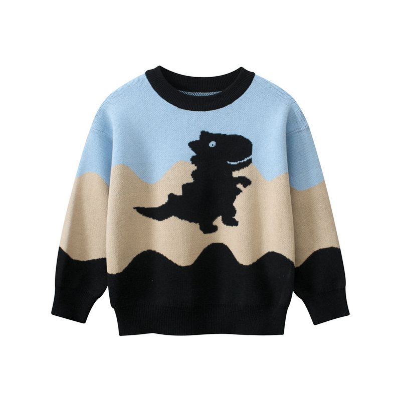 27kids K-style Children's Clothing Spring and Autumn Children Dinosaur Sweater Boys' round Neck Knitwear Baby Boys' 100% Cotton Coat