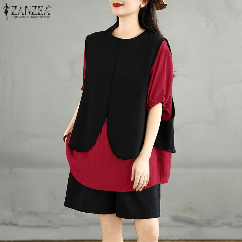 ZANZEA Women Short Sleeve Patchwork Casual Loose Blouse