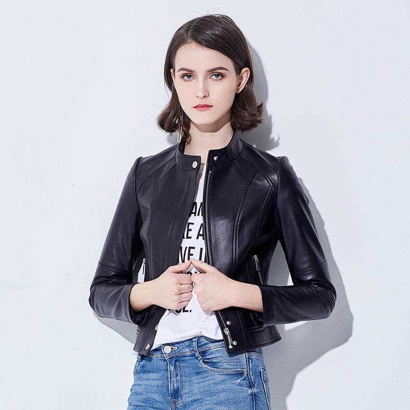 

Настоящая женская мотоциклетная куртка из черной овчины, коллекция Весна 2025, маленькая повседневная верхняя одежда XXL 123-135 lbs чёрный