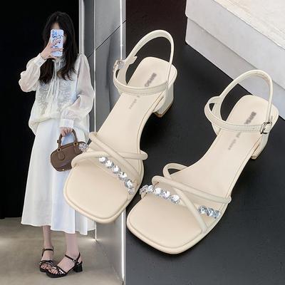 Open-toed Rhinestone Sandals Summer New Fashion Outer Wear Thick Heel Square Head Button with Skirt Women's Shoes