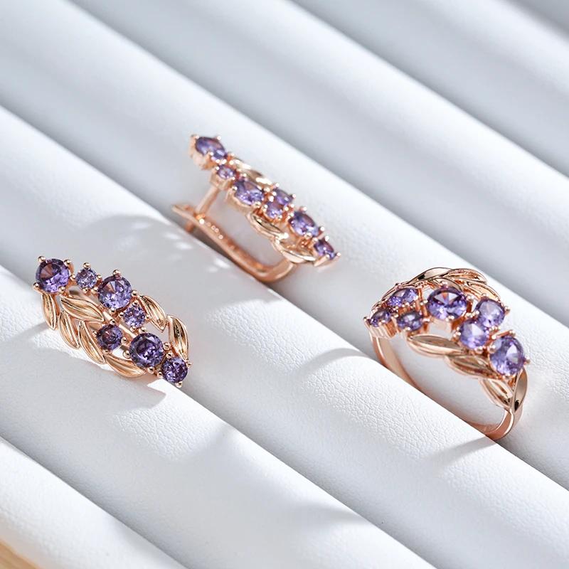 Round Purple Zircon Leaf Design Golden Earrings for Women Vintage Fashion Earrings Luxury Party Jewelry