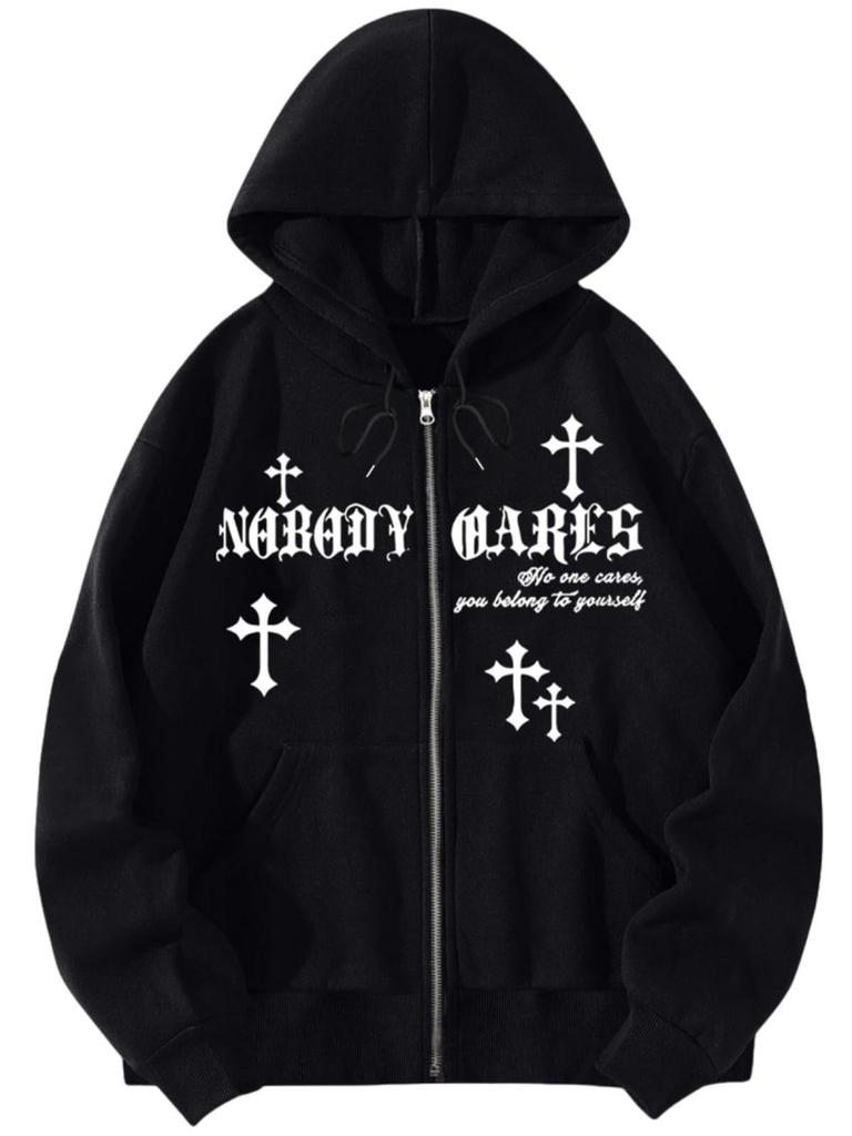 2024 Gothic Star Cross Print Zip-up Hoodie Sweatshirt