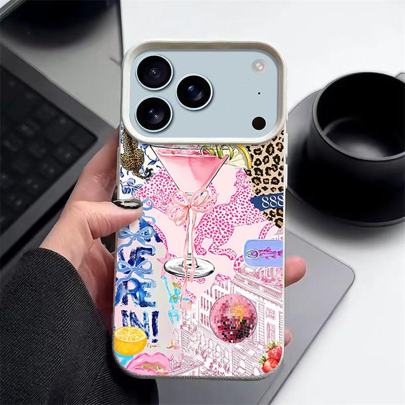 For iPhone 17 Pro Max Case Luxury Pink Goblet Bowknots Disco Ball Pattern Leather Texture Silicone Cover For iPhone 16 Pro Max 15 14 13 12 11 16E Air
