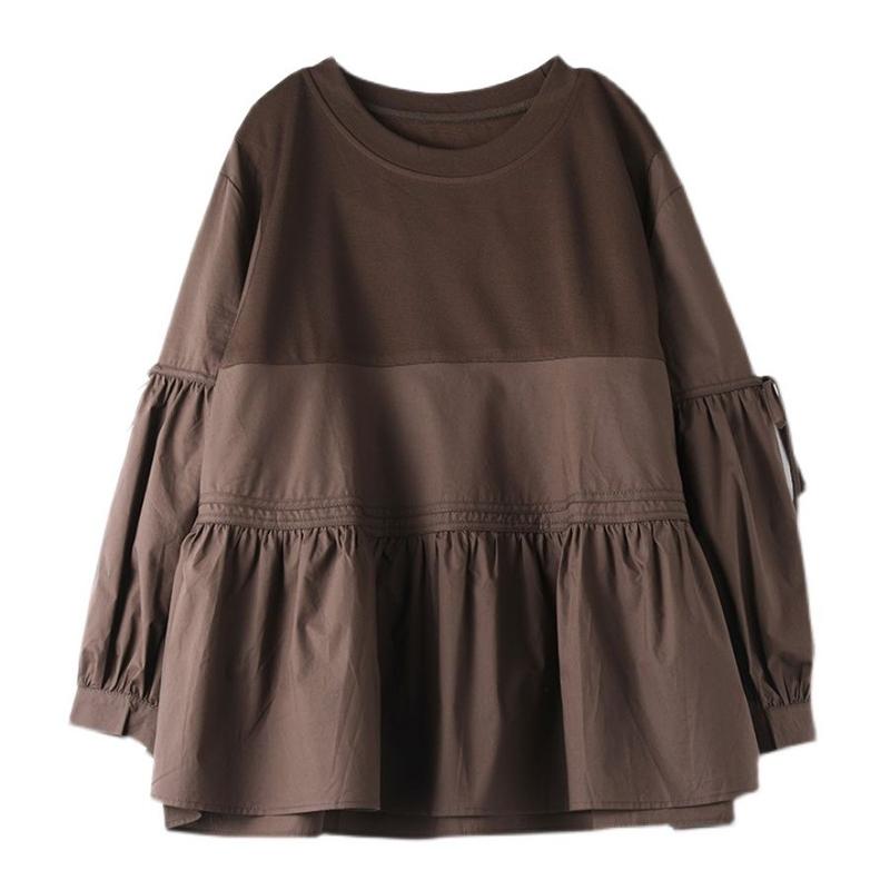 Clothes for Women Korean Fashion Bow Cute Chic Blouses Vintage Ruffled Patchwork Oversized Shirts Solid O Neck Long Sleeve Tops