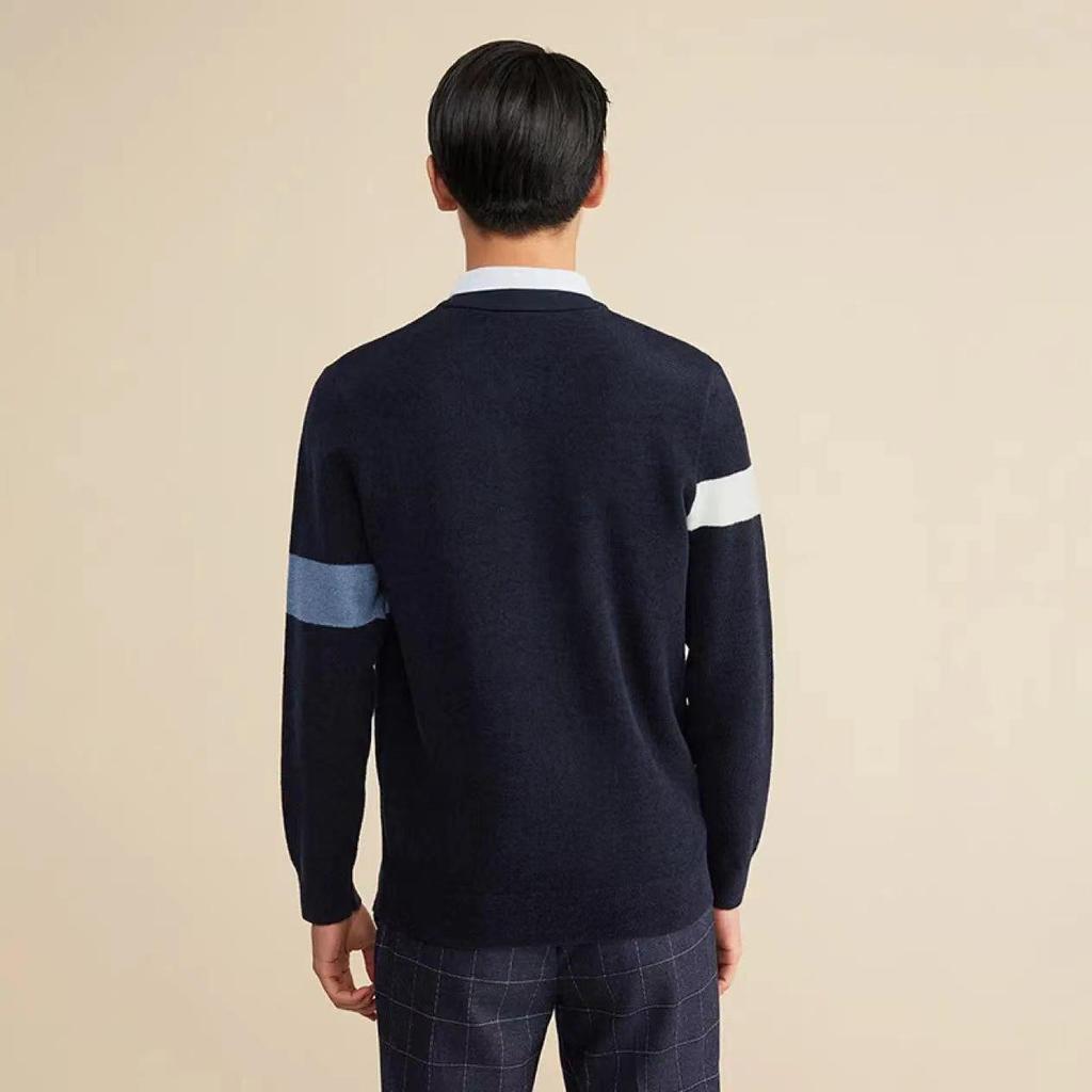 Men's Autumn Color Block Knit Pullover Sweater - Long Sleeve, Soft, Comfortable, Skin-Friendly