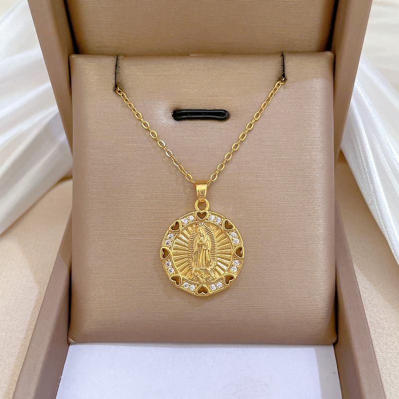Lyxig ihålig hjärtformad zirkon Jungfru Maria rund hängsmyckehalsband för kvinnor flickor rostfritt stålkedja guld färg smycken presenter
