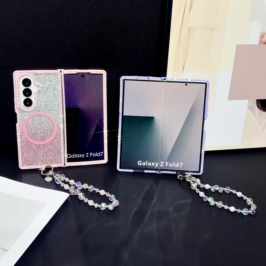 Fashion Glitter Inlaid Diamond Magnetic Phone Case For Samsung Galaxy Z Fold 7 6 5 4 3 Crystal lanyard Shockproof Slim Cover