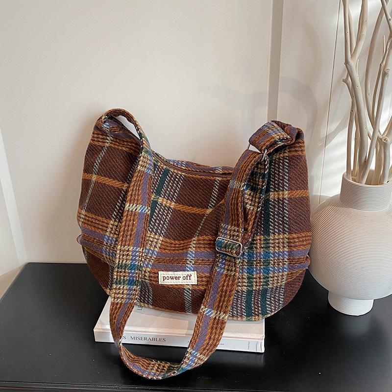 Retro Ctrast Color Plaid Women Woolen Crossbody Bags Versatile Ladies Shoulder Underarm Bag Large Capacity Girls Tote Handbag