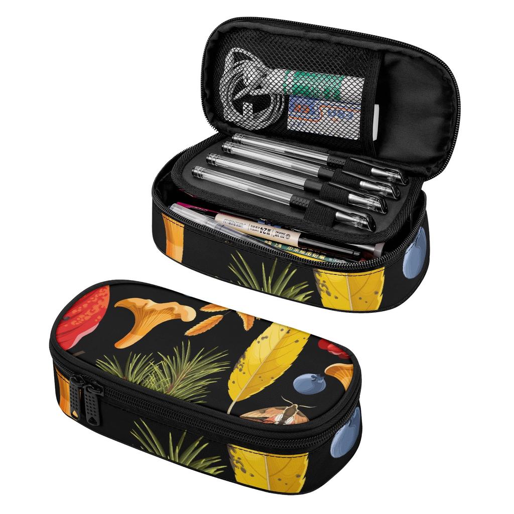 Stationery Pencil Case Printed 300D Polyester Zip Around Closure with Main Compartment Mesh Pocket and Pen Slots for Students