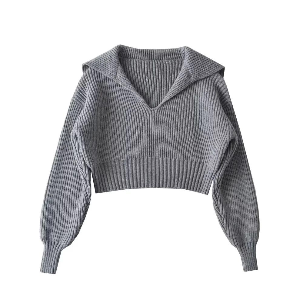 Spring and Autumn Four-color Loose Large Lapel Peplum Knit Sweater Women Fashion Loose Short Sweater Sweater Sweater Comfortable and Versatile