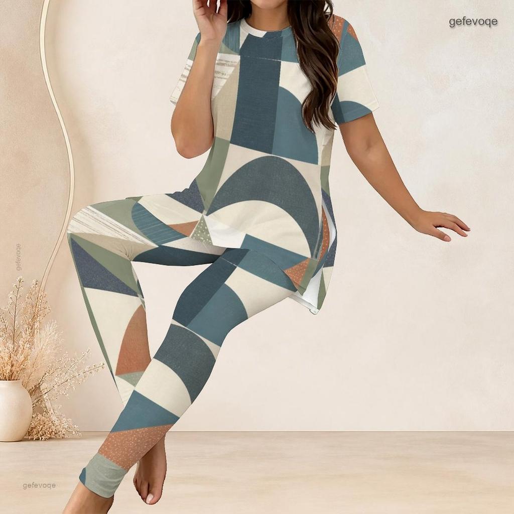 Women Plus Size Off White Printed Round Neck Short Sleeve Longline Top Fitted Pants Two Piece Set