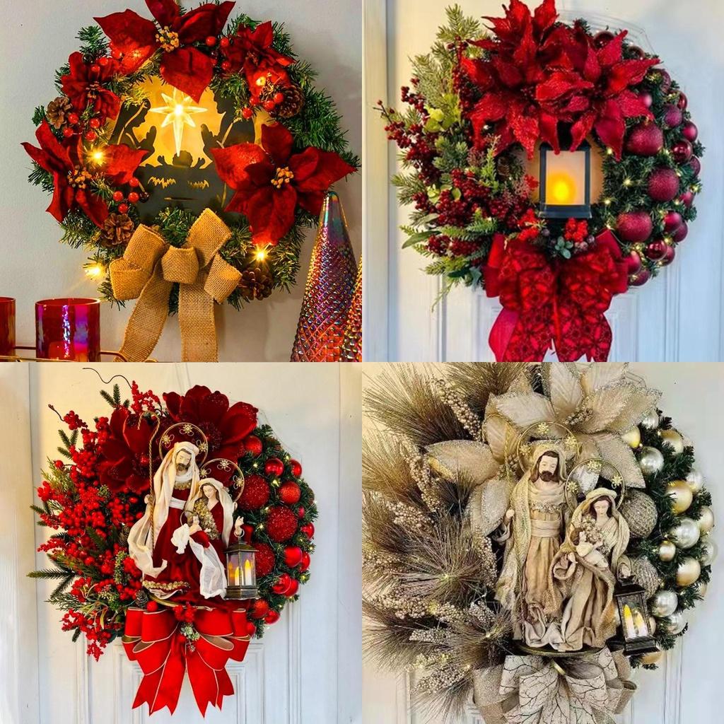 Elegant Handcrafted Red Cross Star Lantern Christmas Wreath With Jesus And Virgin Mary Festive Holiday Decor