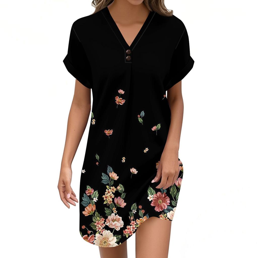 Women's V-neck Vintage Floral Print Pullover Casual Button Dress
