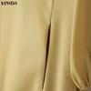 VONDA Elegant Women Lapel Neck Long Puff Sleeve Casual Office Dress