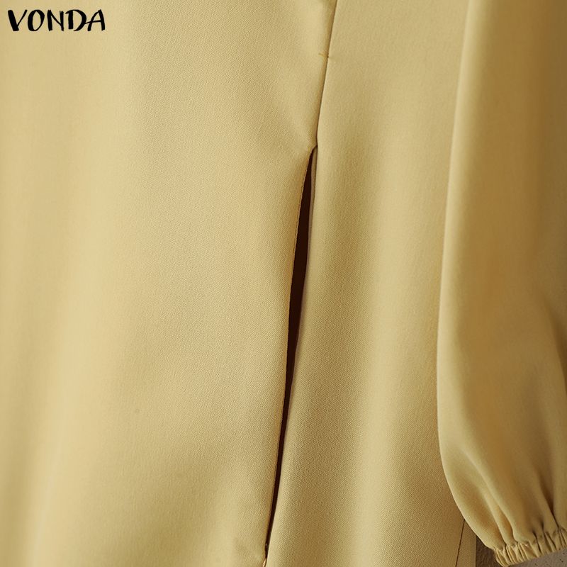 VONDA Elegant Women Lapel Neck Long Puff Sleeve Casual Office Dress