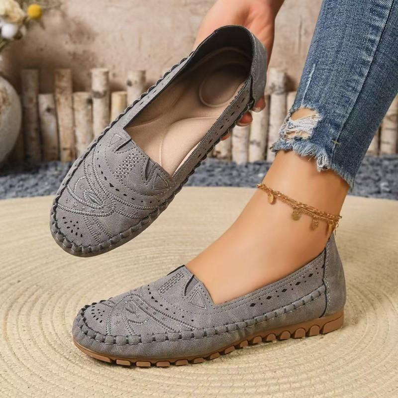 Womens Flat Loafer Slip-On Shoes With Embroidery Breathable PU Upper Comfortable Rubber Sole Casual