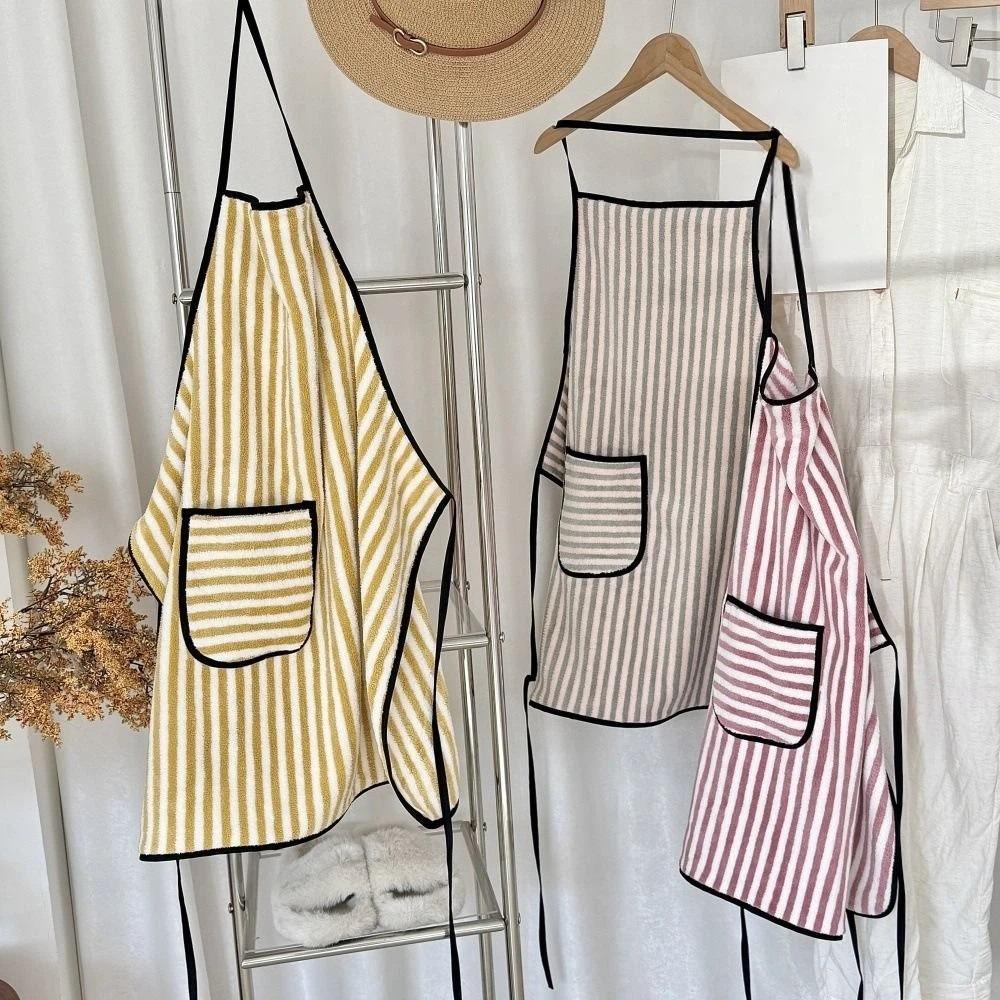 Fashion Stripe Apron Adjustable Soft Coral Fleece Apron with Pocket Kitchen Cafe Baking Apron Restaurant Work Chef Waiter