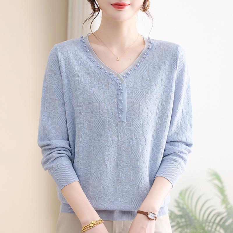 Spring Autumn V-neck Beading Bottomed Knitting Top Women Long Sleeve All-match Pullover Sweater