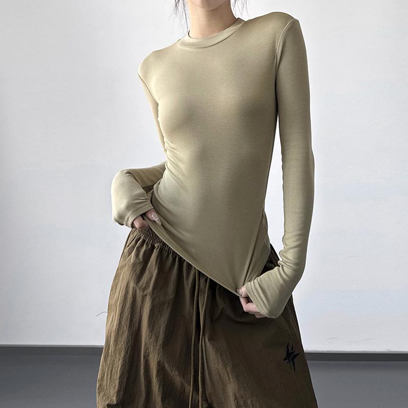 2025 Winter Women s Slim Fit Gray Round Neck Long Sleeve Base Layer Top Small