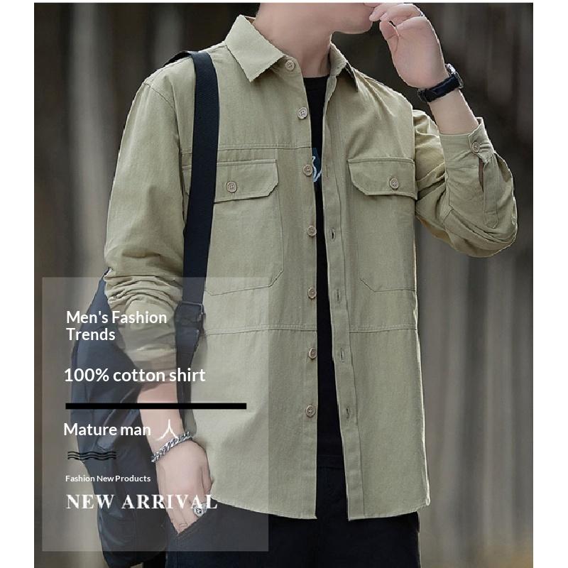Men's pure cotton shirt, 2026 autumn new style, workwear long-sleeve casual Hong Kong style loose shirt jacket, versatile top