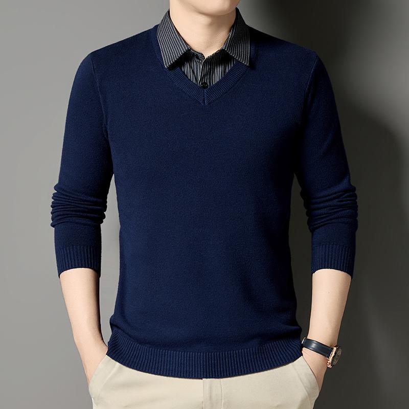 Long-sleeved Sweater Men's Autumn and Winter New Splicing Fake Two-piece Striped Lapel Knitting Casual