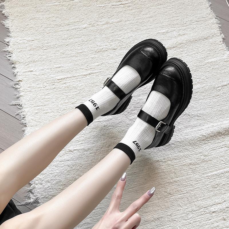 Retro British Style Round Head Shallow Mouth Mary Jane Single Shoes Women's Thick Sole One-word Belt with Skirt Thick Sole Black Small Leather Shoes