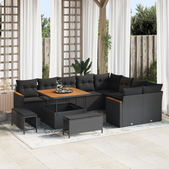 Ensemble de 12 pièces de canapés de jardin avec coussins noir poly rattan acacia 3363074