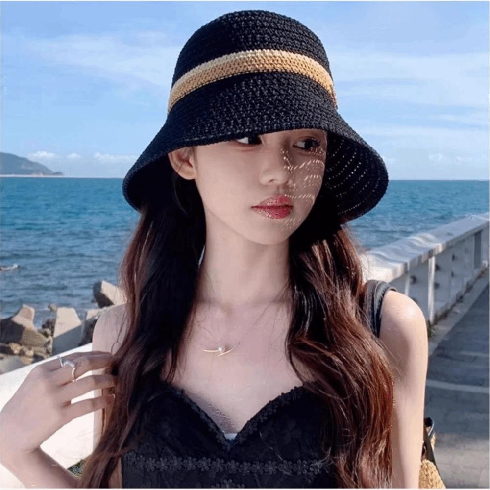 Breathable Hollow Straw Cap Contrast Stripes Sun Hat Simple Wide Brim Bucket Hat  Outdoor