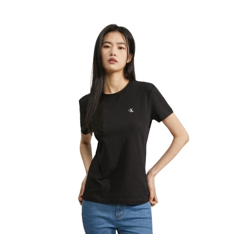Calvin Klein T-shirt Minimaliste Imprimé Décontracté Couleur Unie Col Rond Manches Courtes Confortable Hauts pour Femmes Noir Espace J221165BEH