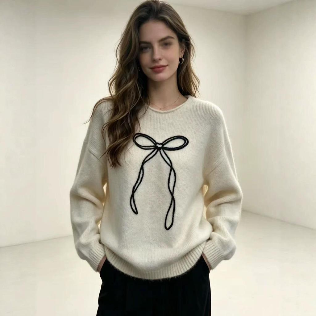 2026 European & American Autumn Fashion Casual Loose Bow Jacquard Knit Sweater – Round Neck Top