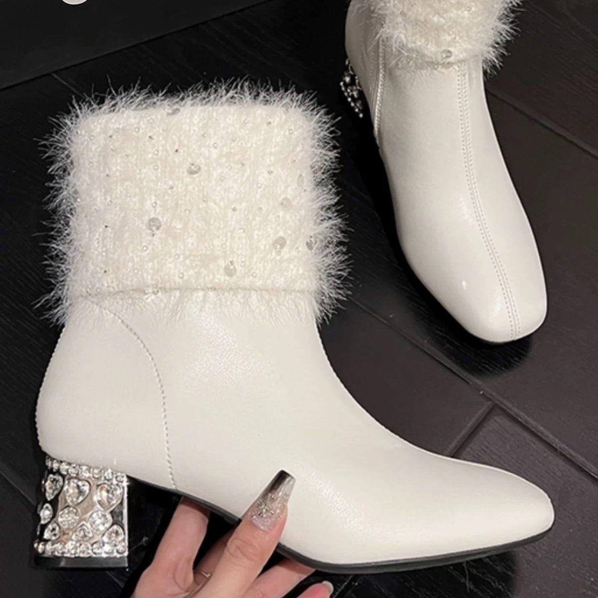 

2025 new autumn and winter rhinestone fashion textile short boots women s shoes Korean version literary thick heel high heel short boots 35
