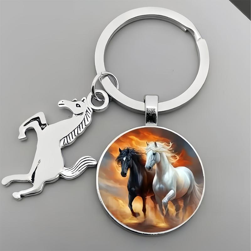 Animal Running Horse Keychain Exquisite Steed Pattern Glass Cabochon Keychain Men'S Charm Keyring Gift